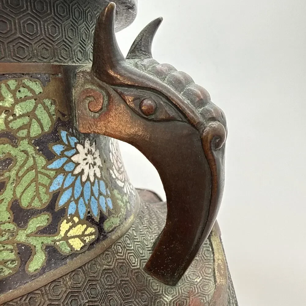 17.5” Antique Japanese Bronze Champleve Cloisonné Enamel Vase Dragon Handles ⬇️